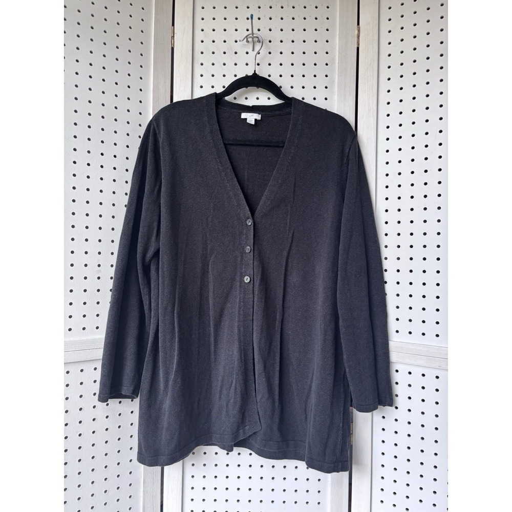 J Jill Linen Rayon Blend Cardigan Sweater Lg Black 3 Button Minimalist Coastal